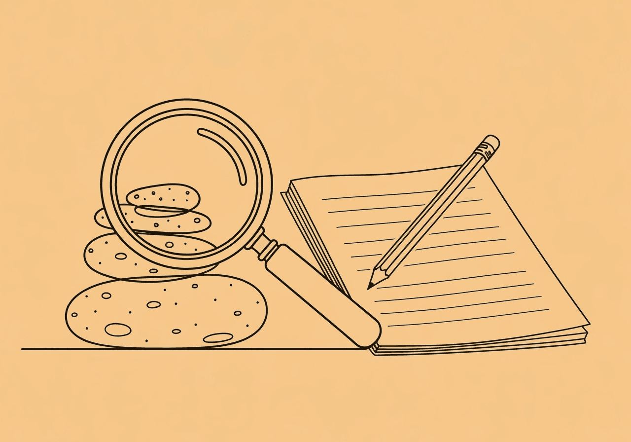 ABA Measurement Reliability and Validity: BCBA Guide Minimalist line art of a magnifying glass examining three balanced pebbles beside a notepad and pencil, illustrating ABA measurement reliability and validity for a BCBA-focused blog post.