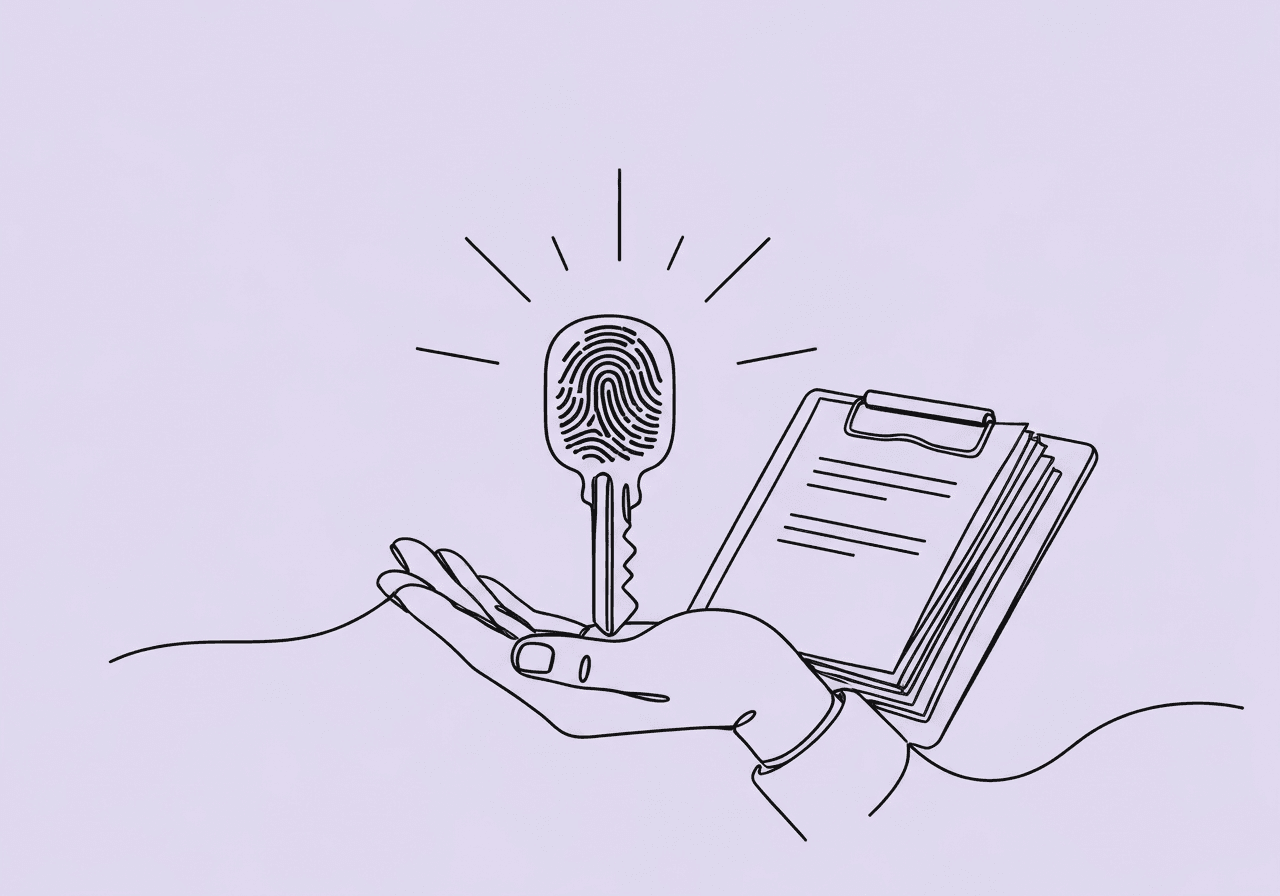 2025 ABA Medicaid Fingerprint Requirements Guide Minimalist line art illustration on pastel lavender showing an open hand holding a key that merges into a fingerprint, with a clipboard behind it. This visual metaphor represents ABA Medicaid fingerprint requirements and the essential documentation process for providers.