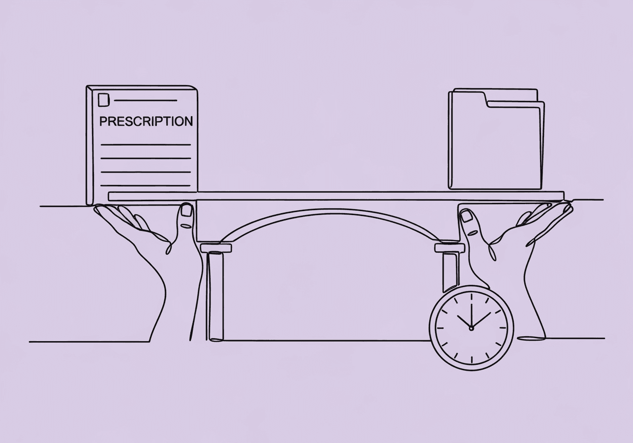 ABA Medical Necessity Documentation: Key Updates for BCBAs Minimalist line art illustration of a bridge supported by caring hands, connecting a prescription pad and a treatment plan, symbolizing medical necessity documentation updates and continuity of ABA care.