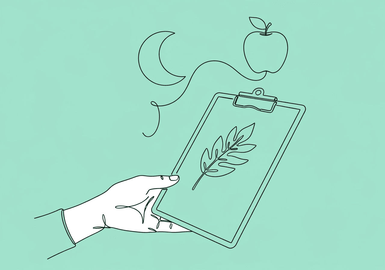Guide to Documenting Medication Side Effects in ABA Minimalist line art shows a hand holding a clipboard with a leaf, moon, and apple, illustrating documenting medication side effects ABA in the context of behavioral changes for parents.