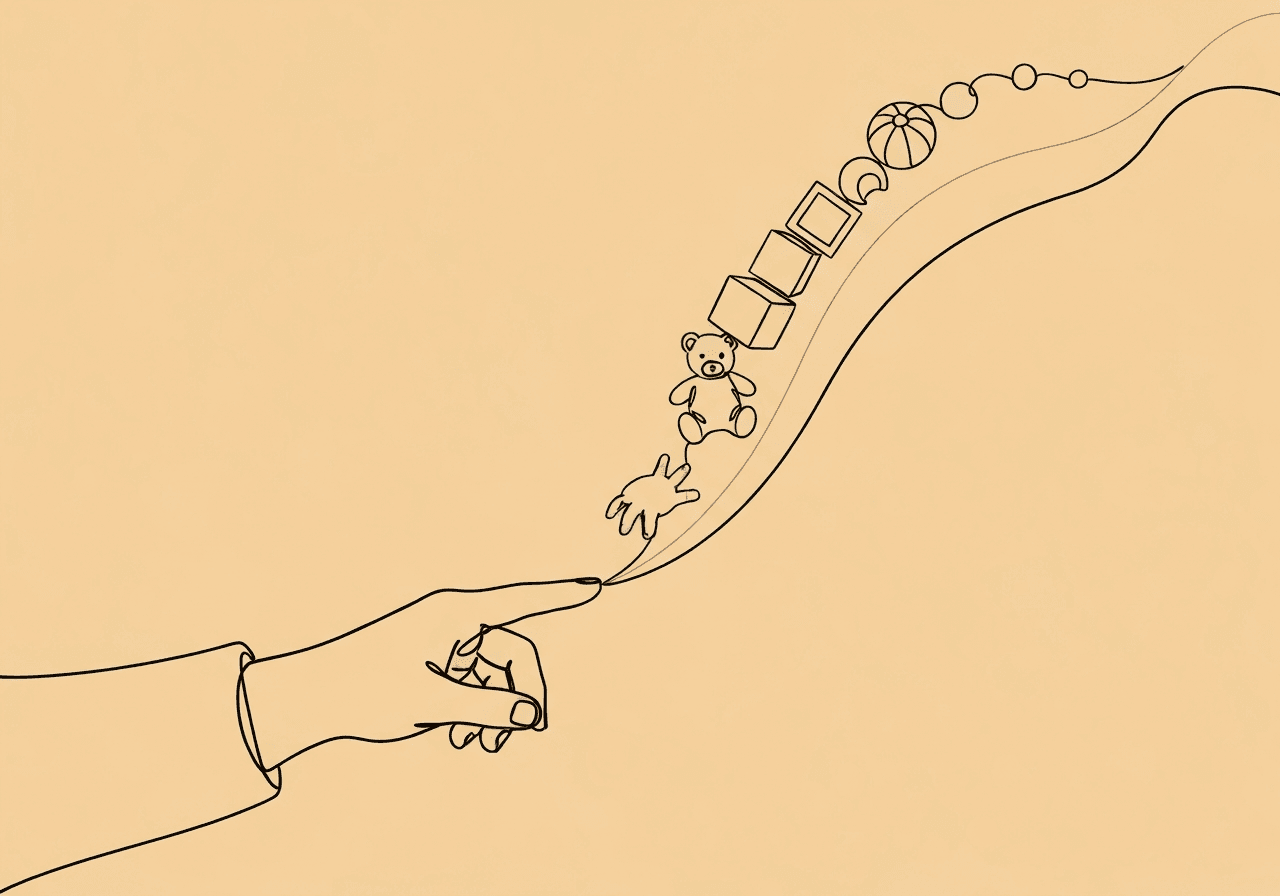ABA Play Skills for Parents: Autism Home Guide Minimal line art showing a parent's and child's hands touching, with simple toys emerging between them, symbolizing ABA play skills parents can nurture at home for learning and bonding.