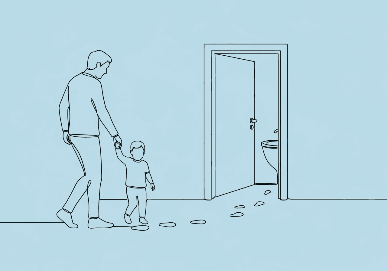 Potty Training Challenges: ABA Strategies for Parents Minimalist line art illustrating a parent guiding a child along stepping stones toward an open bathroom door, symbolizing ABA potty training challenges for parents and the gradual, supportive process described in the article.