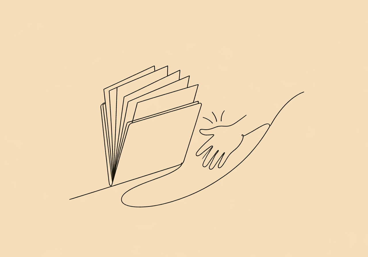 ABA Pre-Authorization for Parents: Essential Checklist Minimalist line art of a parent’s hand guiding an open folder with six pages, illustrating the ABA pre-authorization for parents process and the essential documents checklist concept.