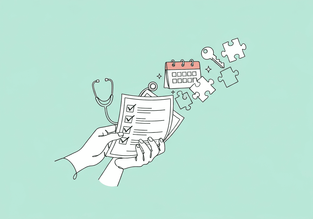 Essential ABA Pre-Service Compliance Checklist for BCBAs Minimalist line art of hands holding an open checklist, with objects like a stethoscope, calendar, puzzle piece, and key emerging from its pages, illustrating the ABA pre-service compliance checklist in a visually engaging and accessible way.