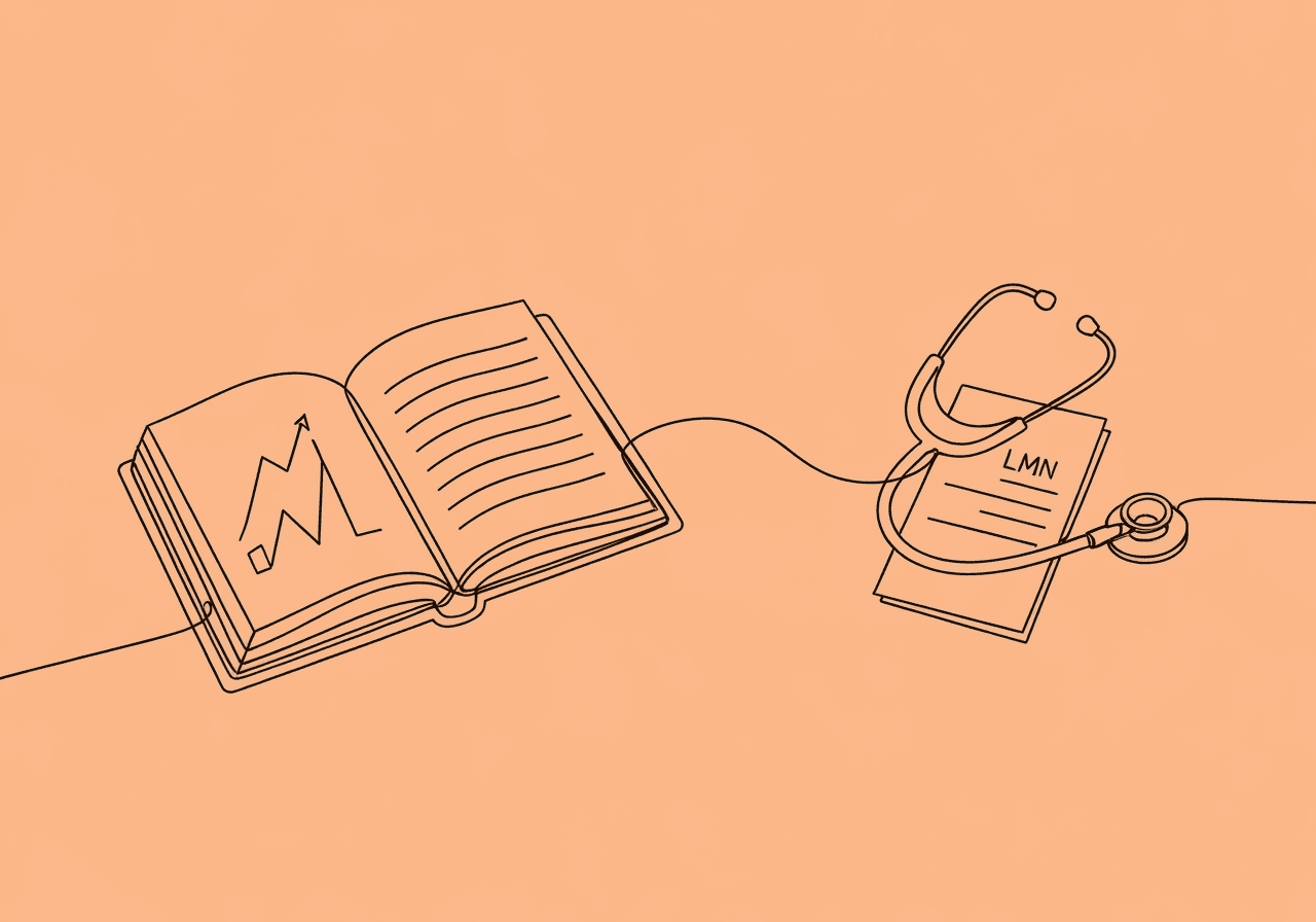 ABA Progress Report vs LMN: Key Differences for BCBAs Minimalist line art on a pastel peach background illustrating the difference between an ABA Progress Report and LMN with an open notebook transforming into a stethoscope, visually representing their distinct roles in BCBA documentation.