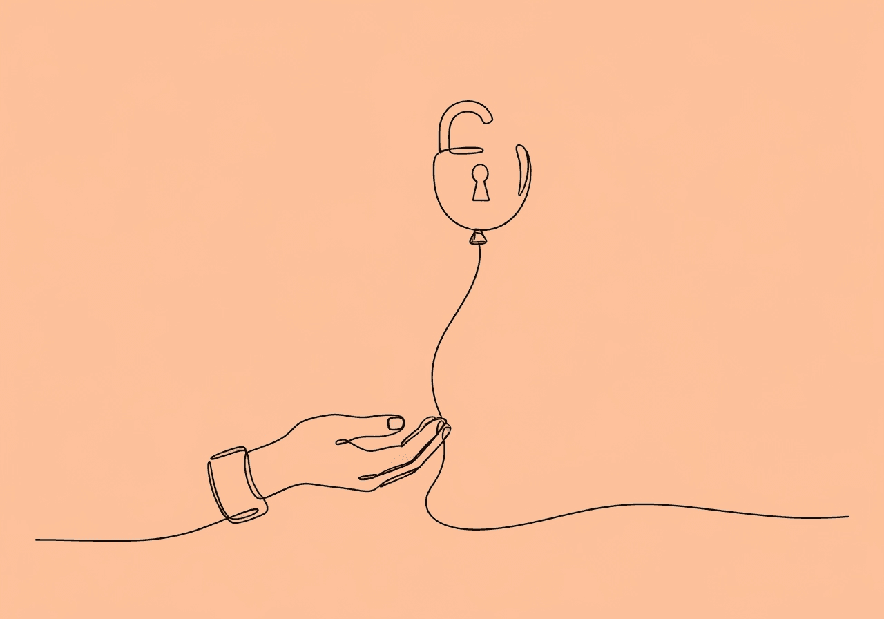 Prompt Dependency in ABA: Signs & Fading Guide Minimalist line art of a hand releasing a balloon shaped like an open padlock, symbolizing prompt dependency in ABA and the journey from support to independence.