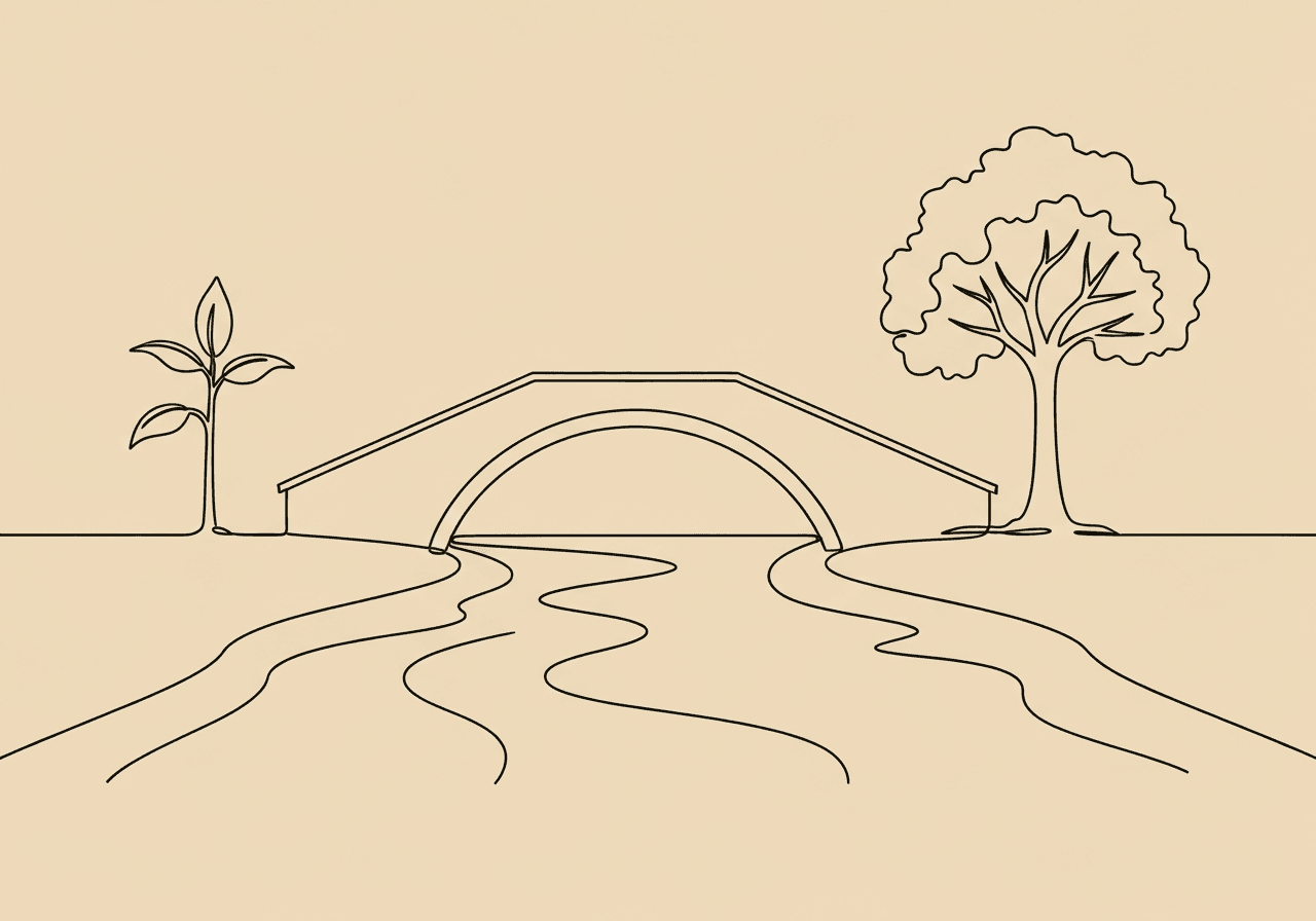 Documenting Meaningful Change in ABA for Reauthorization Minimalist line art shows a sapling growing on one bank, connected via a bridge to a flourishing tree, visually representing documenting meaningful change in ABA for reauthorization, growth, and progress.