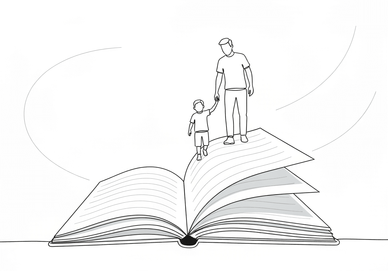 ABA Reauthorization for Parents: Essential Checklist Minimalist line art depicting a parent and child walking along the unfurling pages of a notebook, representing the ABA reauthorization for parents and the crucial role of documenting progress at home.