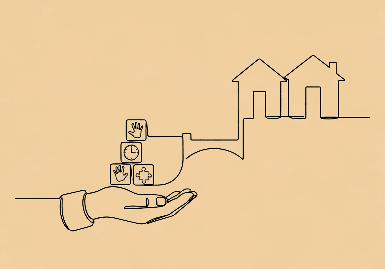 Guide to ABA Reauthorization: Parent Data Collection Tips Minimalist line art shows a parent's hand holding data blocks—handprint, clock, and puzzle piece—bridging home and clinic, symbolizing ABA reauthorization data for parents guiding continued therapy support.