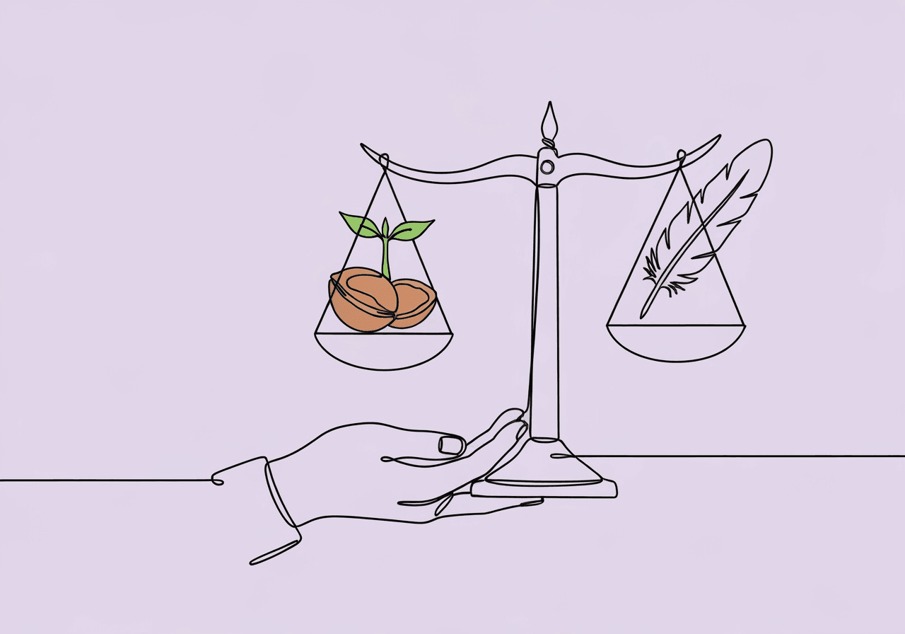 ABA Reinforcement and Punishment: Key Definitions Minimalist line art illustrating ABA reinforcement punishment concepts: a hand holds a balanced scale, weighing a sprouting seedling and a feather, symbolizing positive and negative outcomes in behavioral interventions.