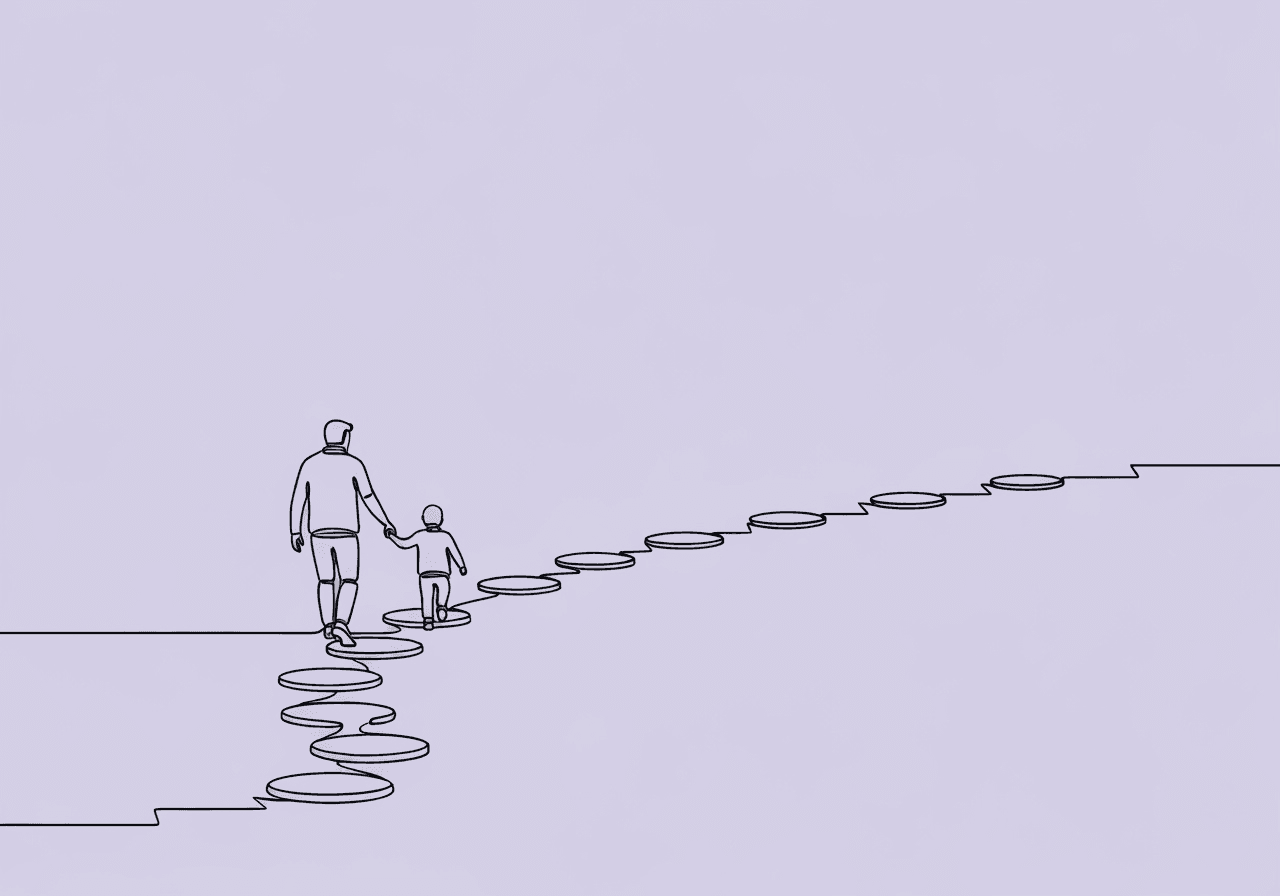 Reinforcement Schedule Fading for Parents: ABA Essentials Minimalist line art of a parent and child walking on a path where stepping stones become farther apart, visually illustrating reinforcement schedule fading for parents as skills gradually become more independent over time.