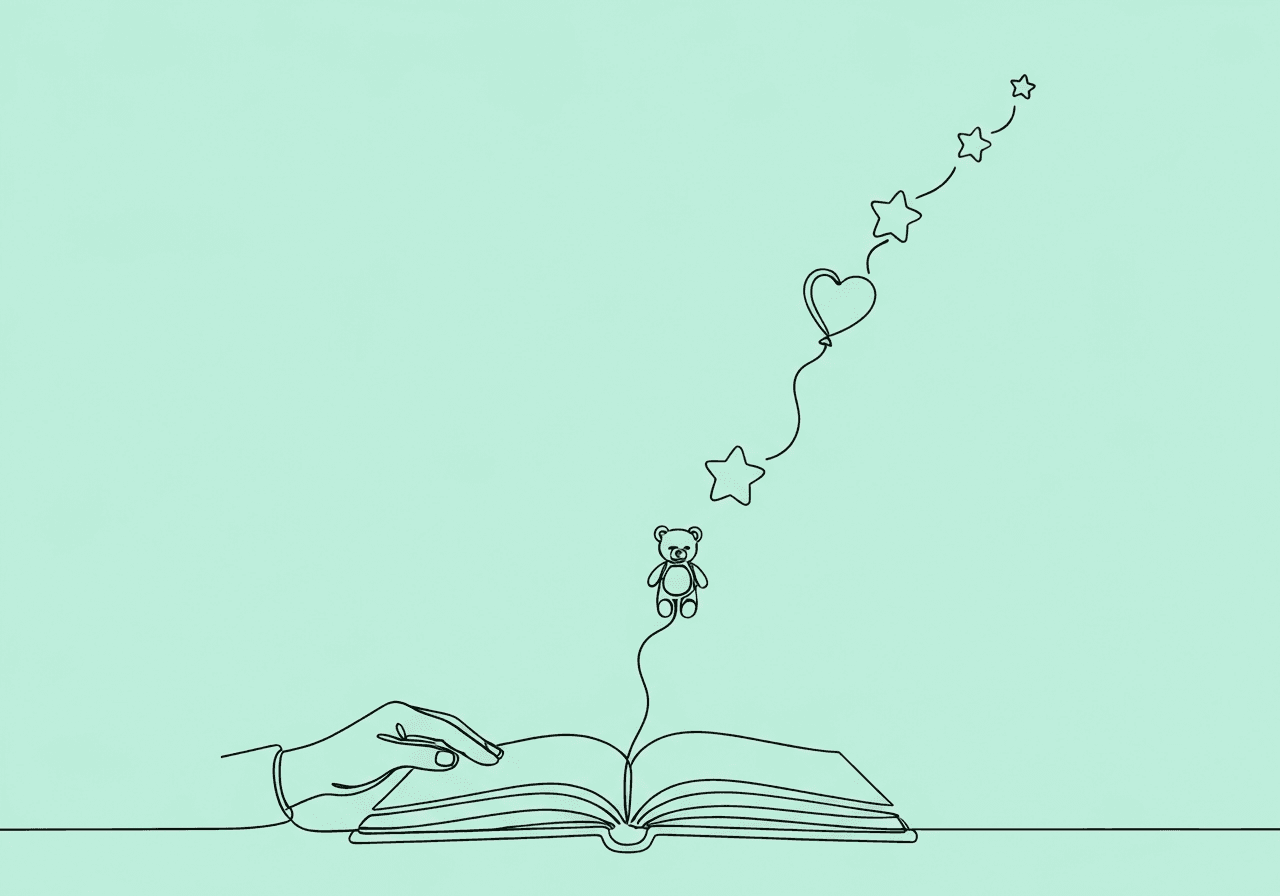 ABA Reinforcer Preference Assessment for Beginners Minimalist line art illustration for ABA reinforcer preference assessment beginner guide: a continuous line forms an open notebook with favorite objects rising above, symbolizing documenting and sharing preference assessments at home.