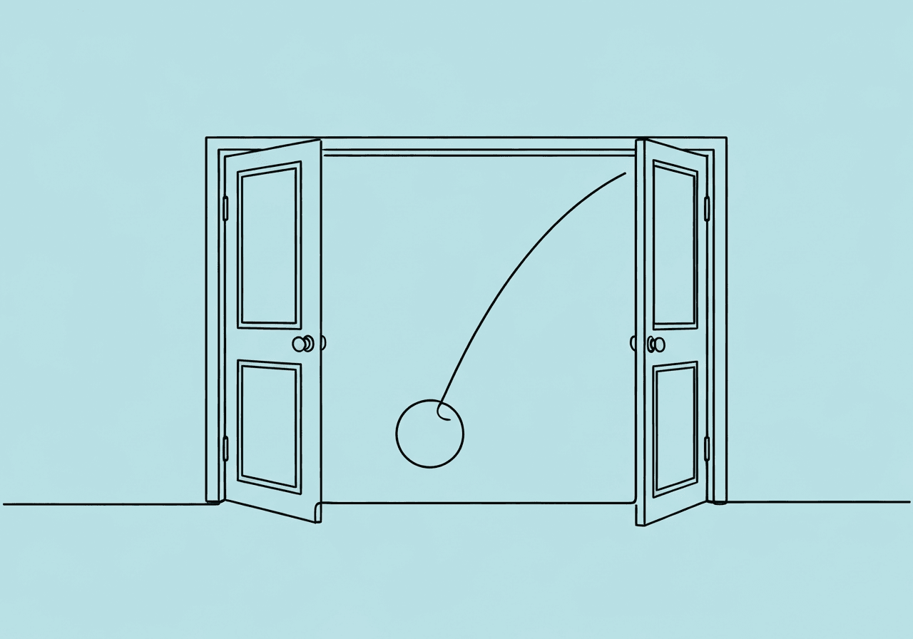 ABA Reversal Design: BCBA Exam Mastery Guide Minimalist pendulum swinging between two open doors, illustrating the ABA Reversal Design's method of alternating intervention and baseline phases in behavioral analysis.