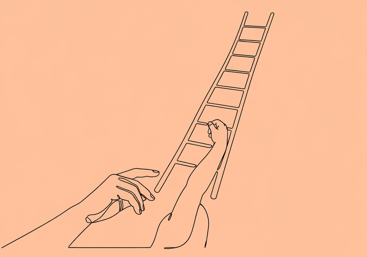 ABA Self-Management for Parents: Build Home Independence Minimalist line art illustration showing an adult and child’s hands reaching up together, forming the base of a ladder that rises in open space—a metaphor for ABA self-management for parents and building independence.