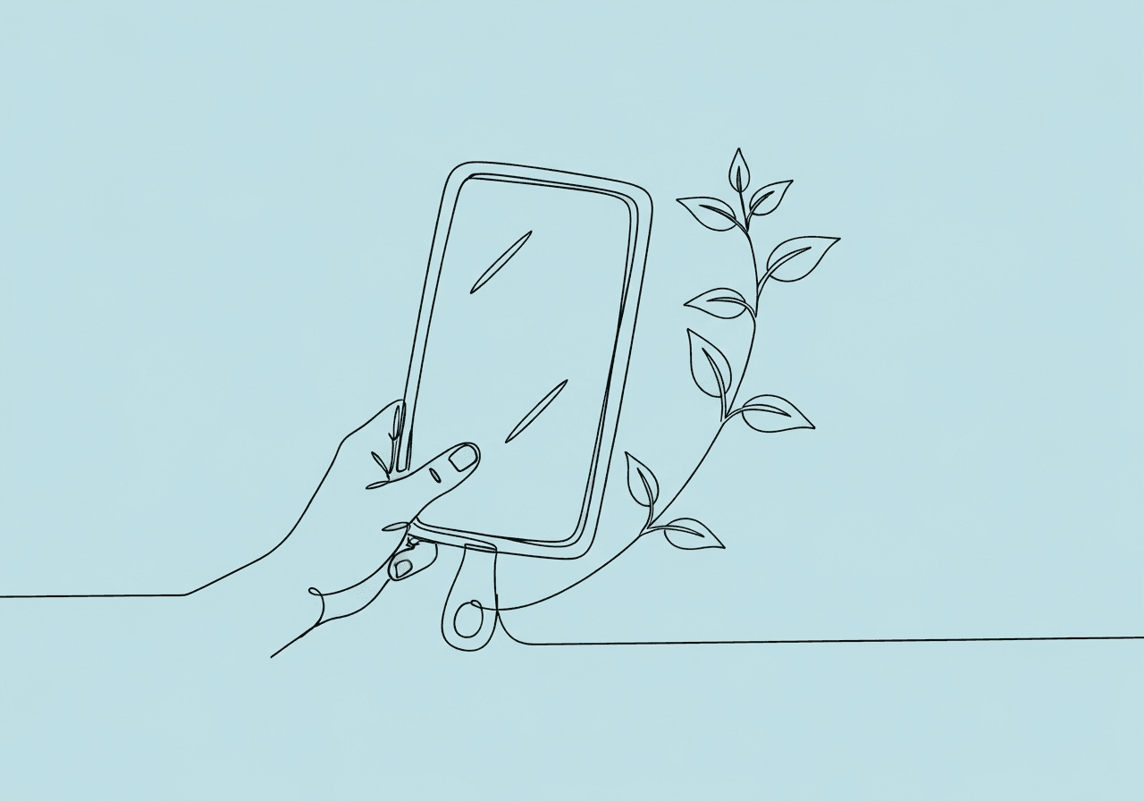 ABA Self-Management Terminology: Definitions and Procedures Minimal line art on pastel blue shows a hand holding a mirror that reflects a growing plant, metaphorically illustrating ABA self-management terminology and the journey from self-monitoring to self-reinforcement.