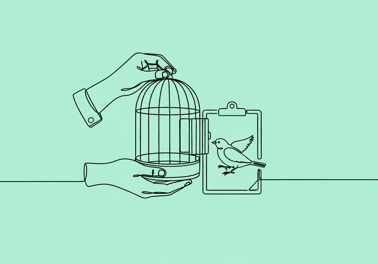 ABA Self-Monitoring Documentation Guide for BCBA Exam Minimalist line art showing a hand opening a birdcage merged with a clipboard, with a bird stepping out—symbolizing ABA self-monitoring documentation as the pathway to client independence and progress.