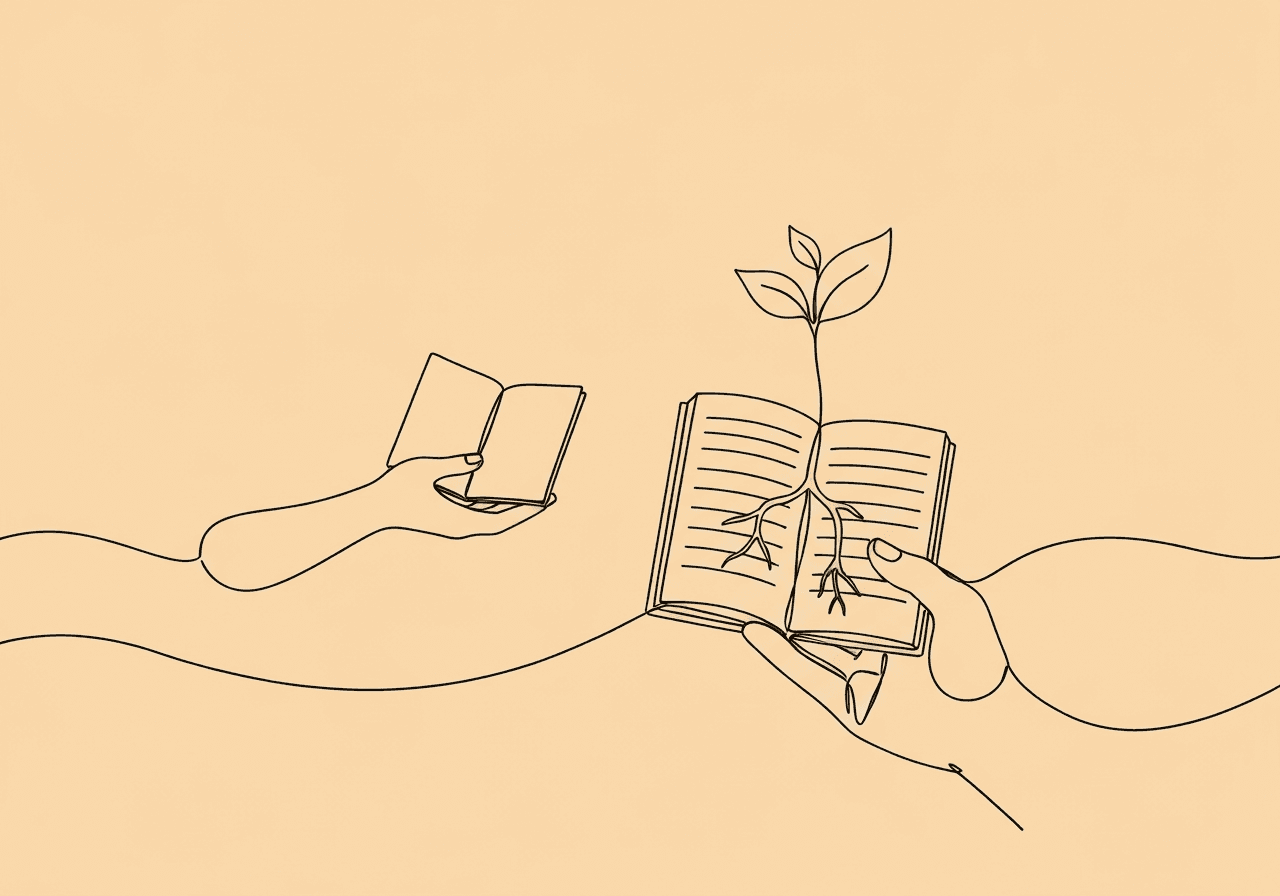 ABA Self-Monitoring Documentation Guide for RBTs & BCBAs Minimalist line art of a hand holding an open notebook with a sprouting plant, visually representing ABA self-monitoring documentation and growth, with collaborative elements reinforcing the blog’s core concept.