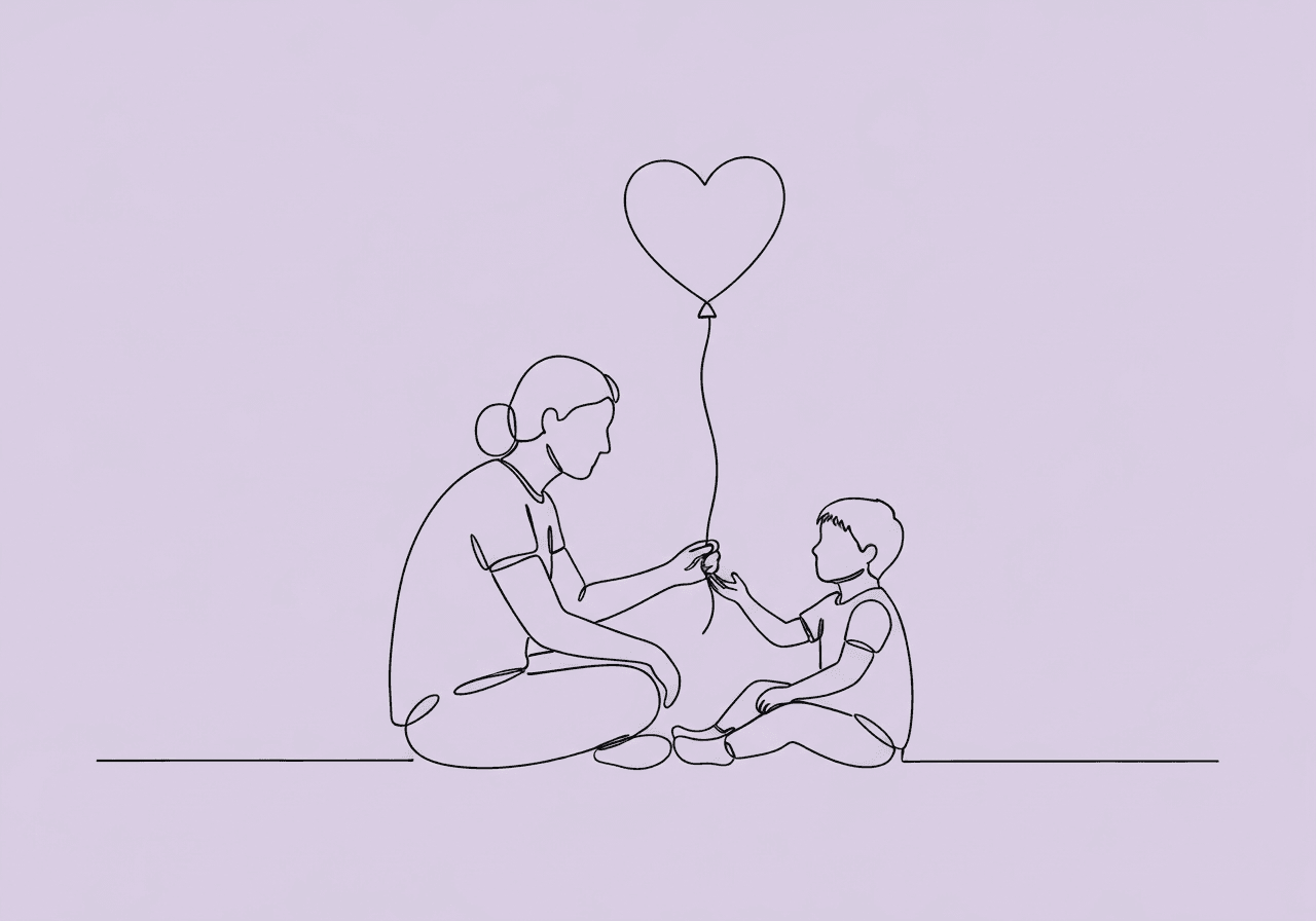 ABA Self-Regulation Skills for Parents: Autism Home Guide Minimalist line art of a parent and child sitting together, connected by a heart-shaped balloon, illustrating ABA self-regulation skills for parents and children with autism. The design highlights emotional sharing and gentle support.