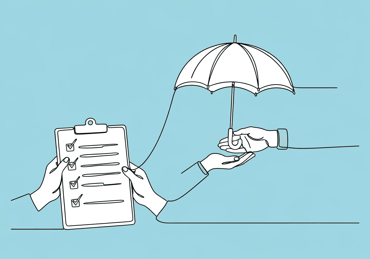 Essential Guide to ABA Service Hour Reduction Documentation Minimalist line art showing a notepad with checkmarks connected to an umbrella sheltering hands, illustrating ABA service hour reduction documentation and ethical transition in ABA services.