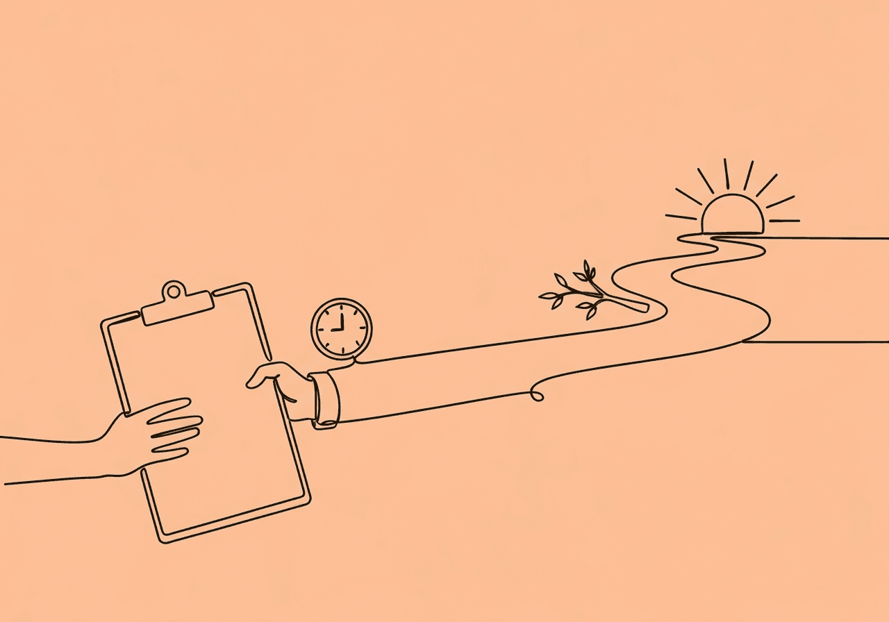ABA Session Extension Documentation Guide for RBTs Minimalist line art illustration of ABA session extension documentation, showing a clipboard transforming into a winding path with subtle time and progress symbols, representing the process and accountability of thorough documentation for ABA professionals.
