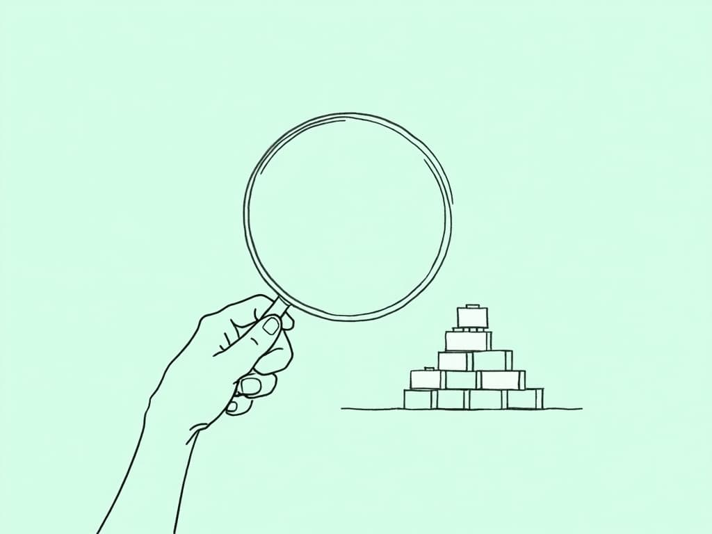 ABA Session Notes for Beginners: Essential Guide Minimalist line art of a hand holding a magnifying glass that reveals organized building blocks, illustrating how beginners can bring clarity and structure to ABA session notes by focusing on details.