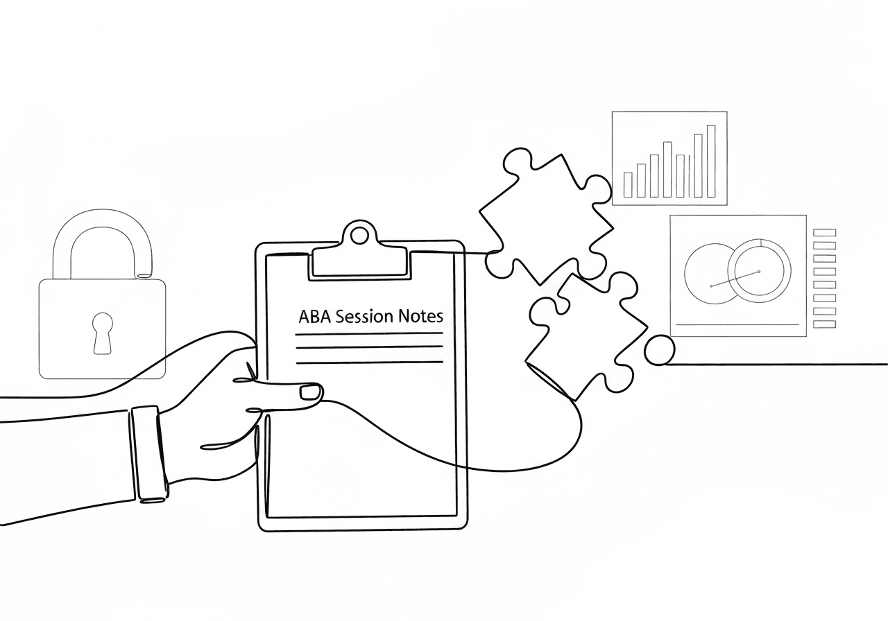 ABA Session Notes Glossary: Key RBT & BCBA Terms Minimalist line art illustration for ABA session notes glossary, featuring a clipboard in a caring hand, puzzle pieces, and subtle security and data motifs, capturing compliance, integration, and documentation essentials.