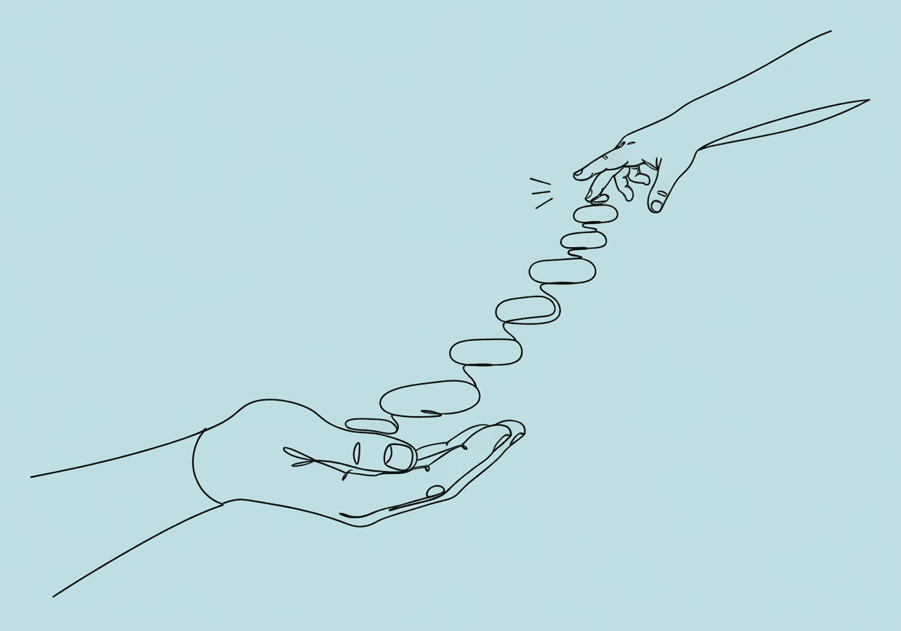 Shaping Behavior for Parents: ABA Skill Building Guide Minimalist line art showing a parent’s hand releasing stepping stones toward a child’s outstretched hand, illustrating shaping behavior for parents through step-by-step guidance in ABA.