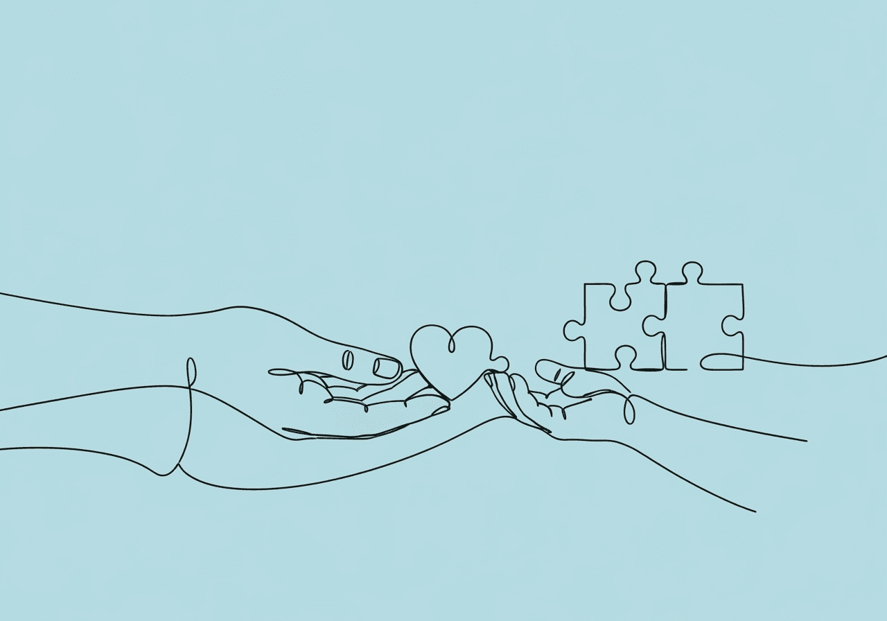 ABA Sibling Support for Parents: Essential Guide Minimalist line art on pastel blue shows two hands passing a heart-shaped puzzle piece, representing ABA sibling support for parents and the fostering of strong family bonds.