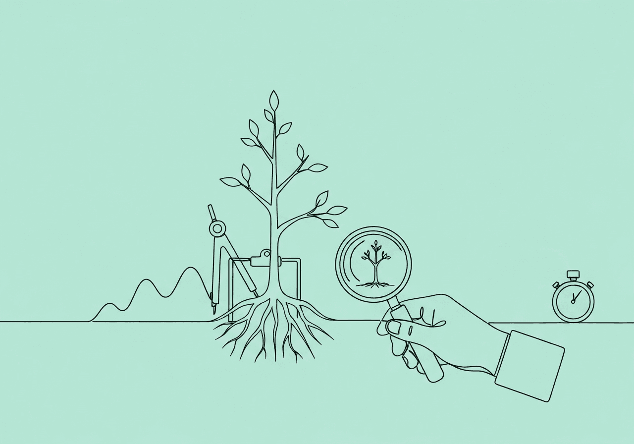 Master Single-Subject Design Terminology in ABA Minimalist line art illustrating single-subject design terminology: a magnifying glass examines a branching sapling whose roots form graph-like waves, symbolizing how BCBAs analyze trends, variability, and experimental elements in single-subject design.