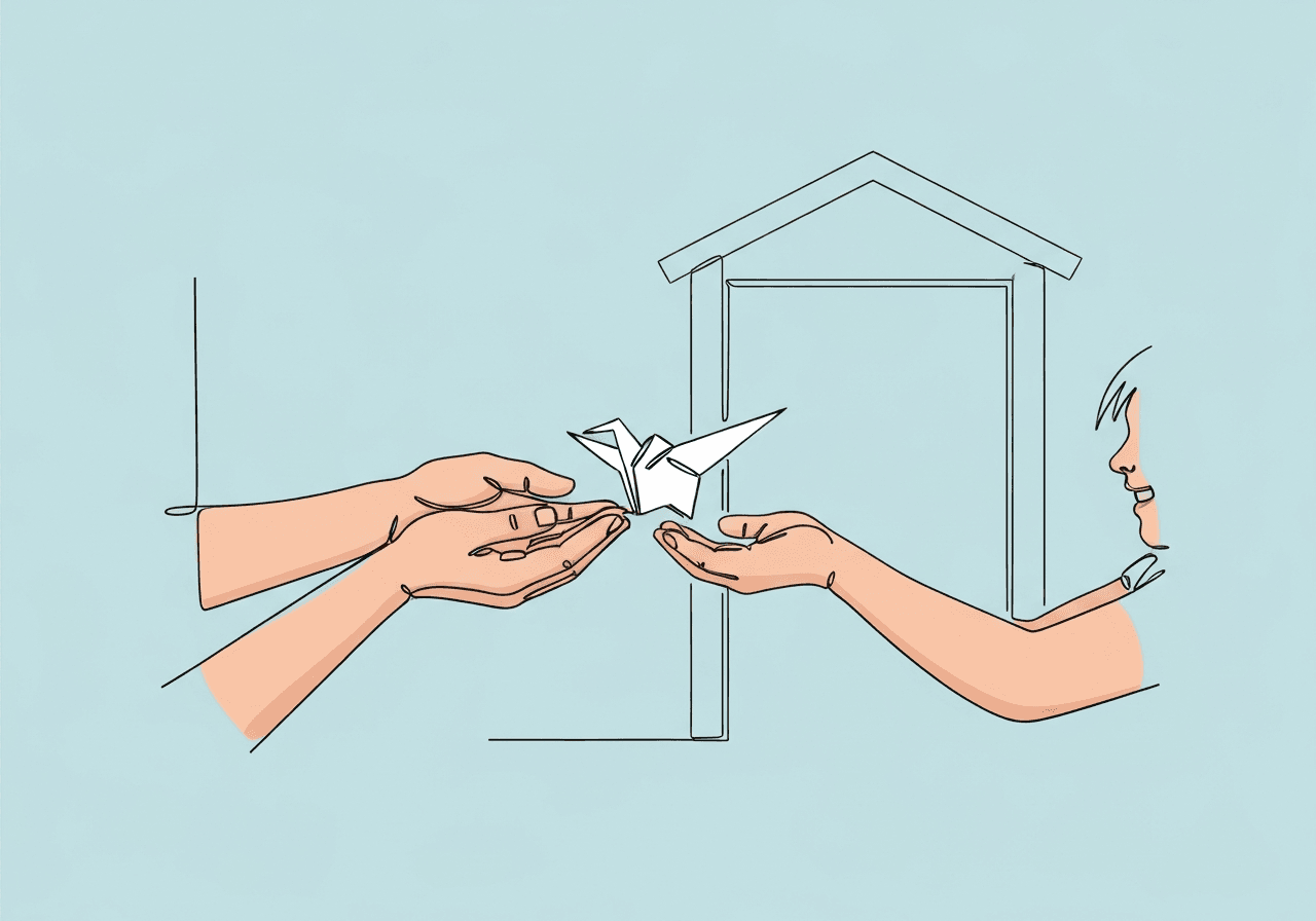 ABA Skill Maintenance: Documentation Tips for Parents Minimalist line art of a parent and child gently passing an origami bird between open hands, symbolizing ABA skill maintenance documentation for parents at home. The image evokes care, skill sharing, and long-term growth.