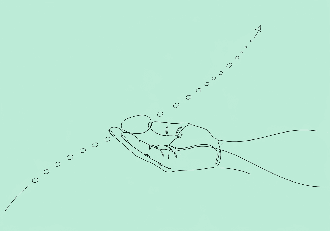 Mastering ABA Skill Mastery Criteria Documentation Minimalist line drawing of an open hand balancing a pebble, with an ascending path of pebbles in the background, illustrating ABA skill mastery criteria documentation through progressive, objective steps.