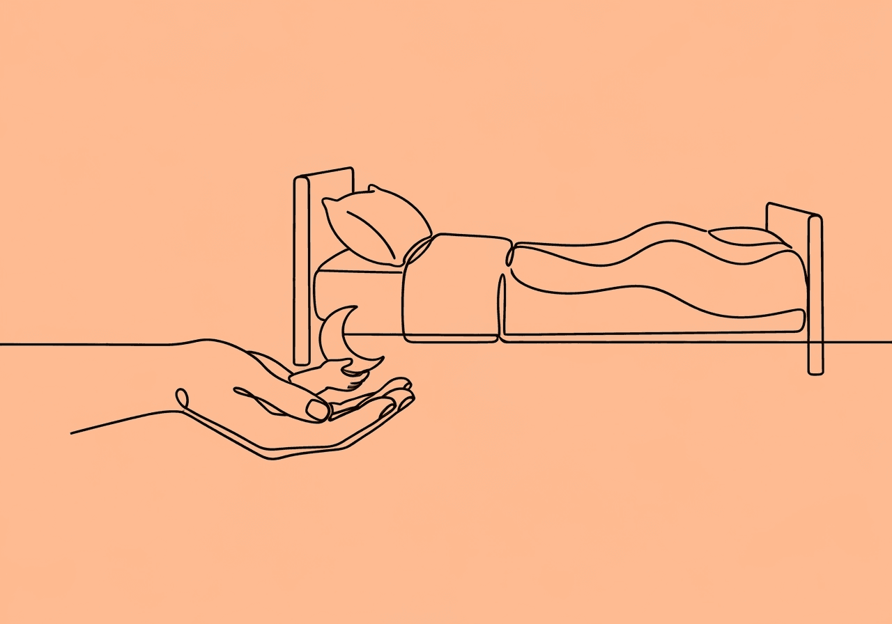 Effective ABA Sleep Routine for Parents of Autistic Children Minimalist line art shows an adult and child’s hands cradling a moon-shaped pillow, blending into a bed—symbolizing an ABA sleep routine for parents supporting autism bedtime challenges.
