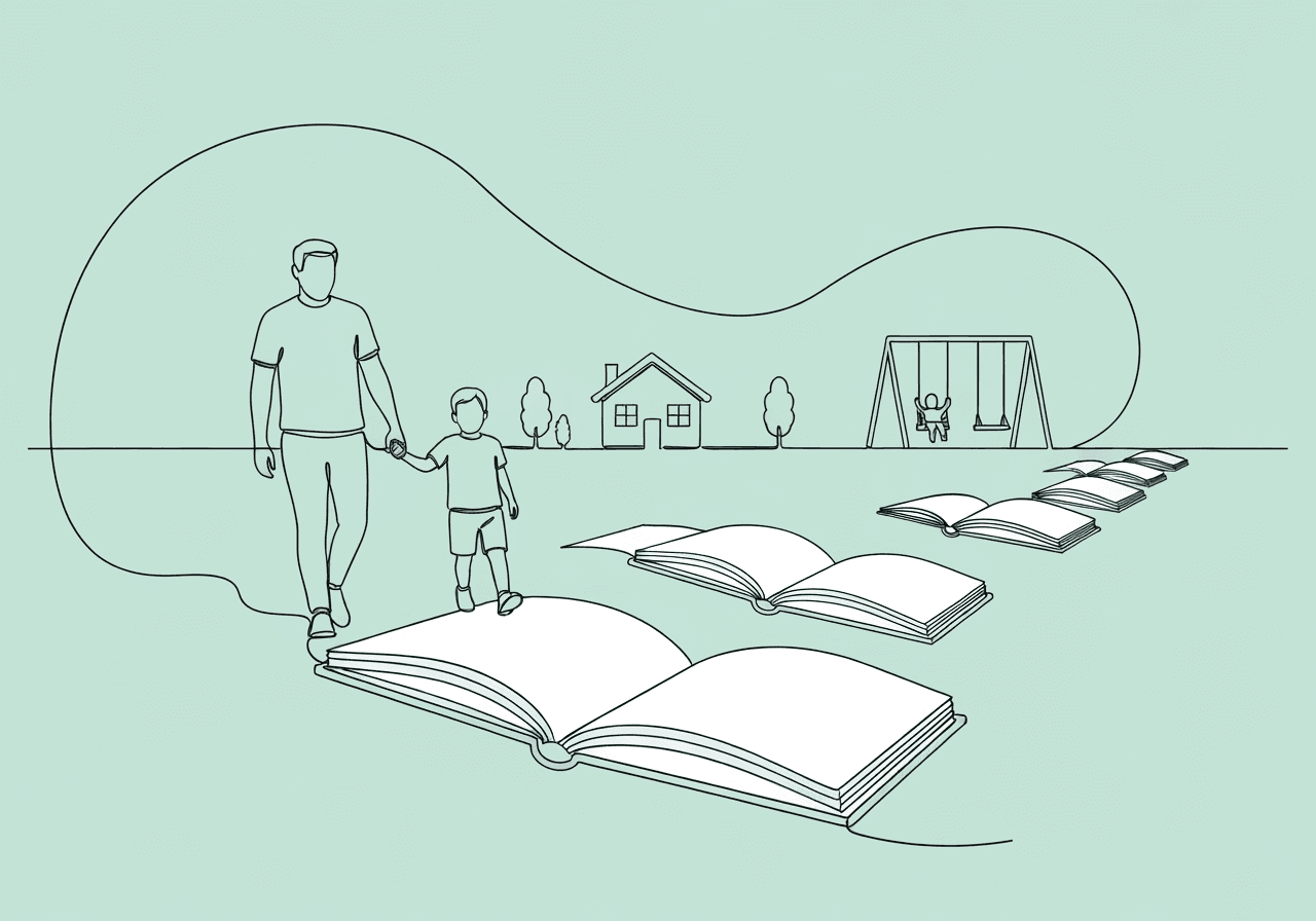 How to Write Social Stories for Parents: ABA Tips Minimalist line art of a parent and child holding hands and walking along a path formed by open storybook pages, symbolizing social stories for parents and their role in guiding home routines and social skills.
