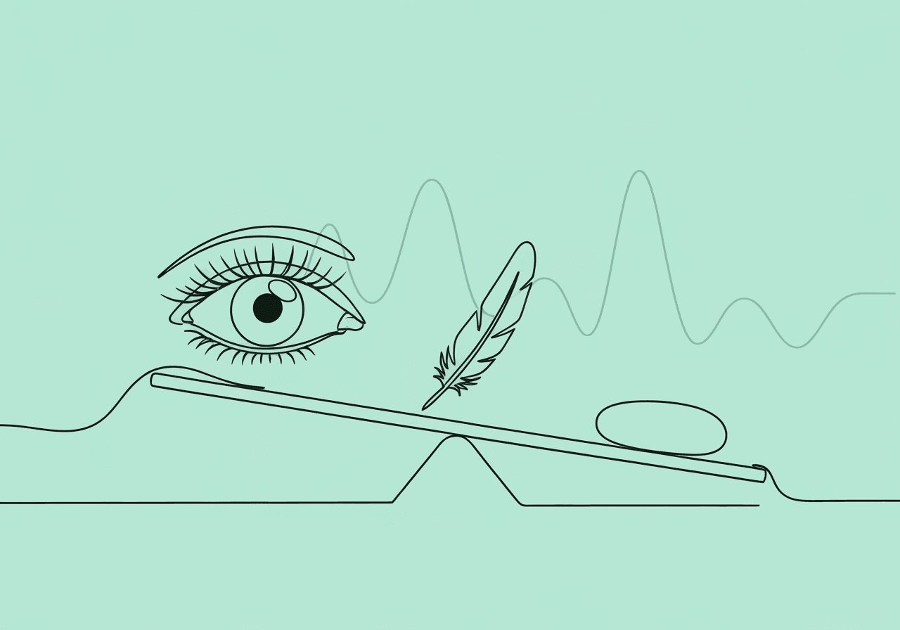 ABA Statistical Errors Glossary for BCBAs Minimalist line art illustration for ABA statistical errors glossary: an eye on a seesaw balanced between a feather and a stone, symbolizing Type I and Type II errors in data analysis.
