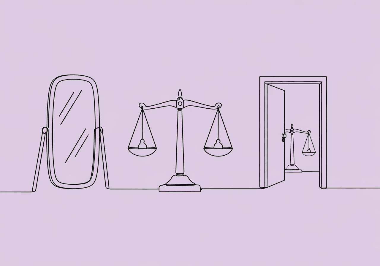 Master ABA Stimulus Equivalence: Derived Relations Guide Minimalist line art showing a mirror, balanced scales, and an open doorway on a pastel lavender background, visually representing ABA stimulus equivalence and its foundational concepts of reflexivity, symmetry, and transitivity in behavioral analysis.