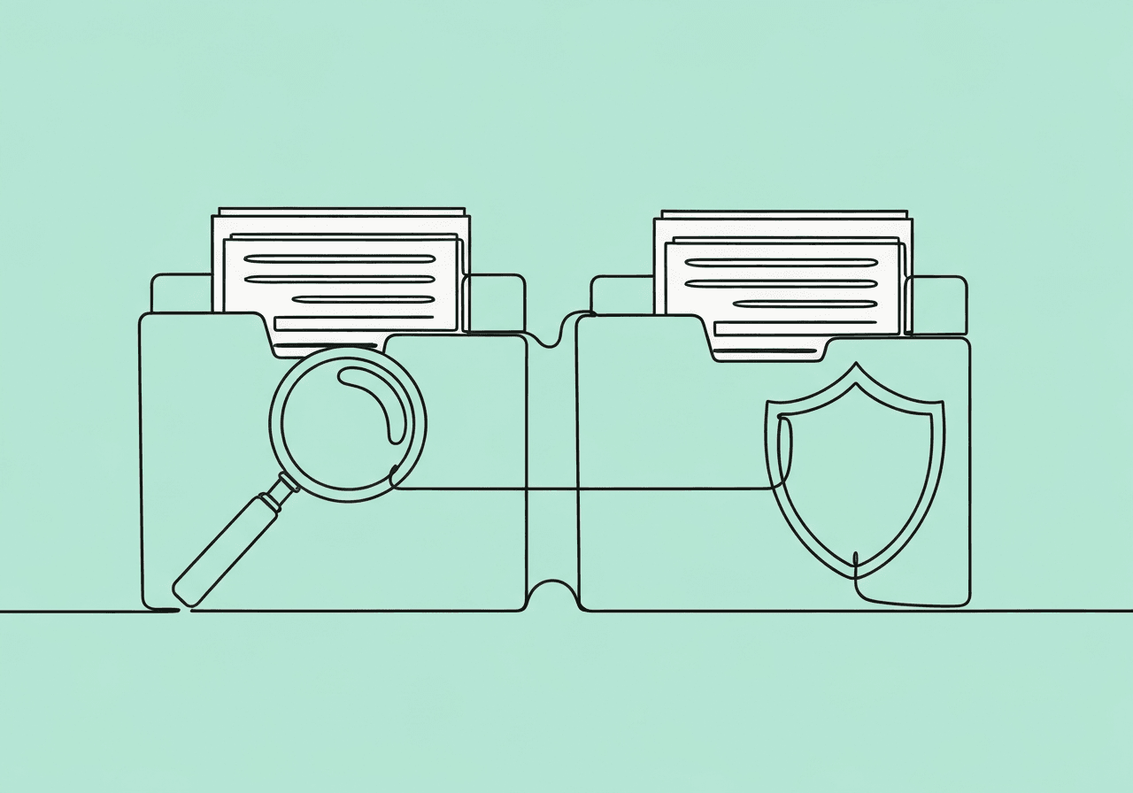ABA Supervision vs Authorization: BCBA Compliance Guide Minimalist line art illustration comparing ABA supervision vs authorization documentation, showing two open folders—one with a magnifying glass, the other with a shield—representing key differences in ABA compliance.