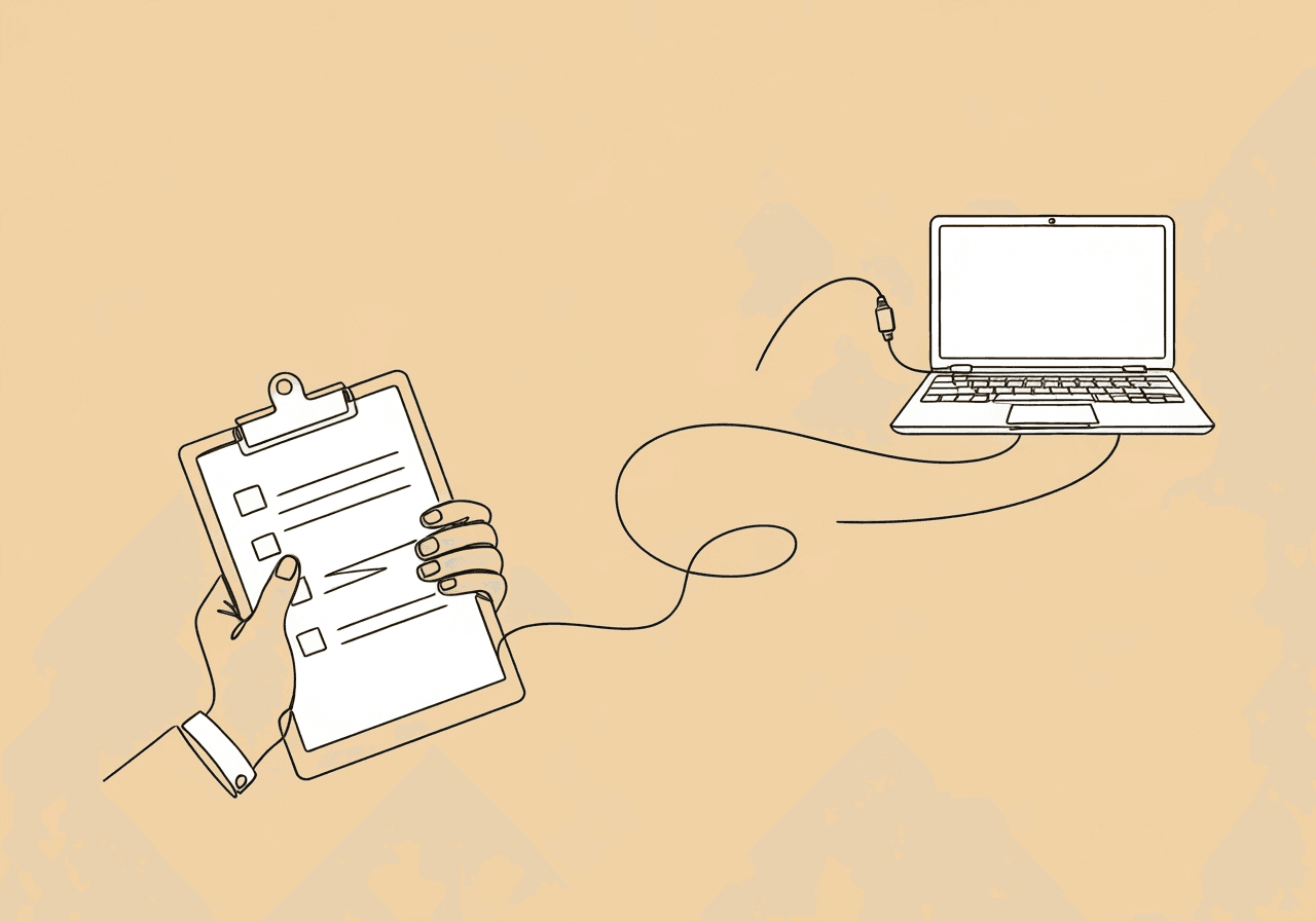 ABA Telehealth Documentation 2025: Key Updates Minimalist line art showing a hand with a clipboard transforming into a telehealth cable and laptop, visually representing ABA telehealth documentation 2025 as it transitions from paper to secure digital processes.