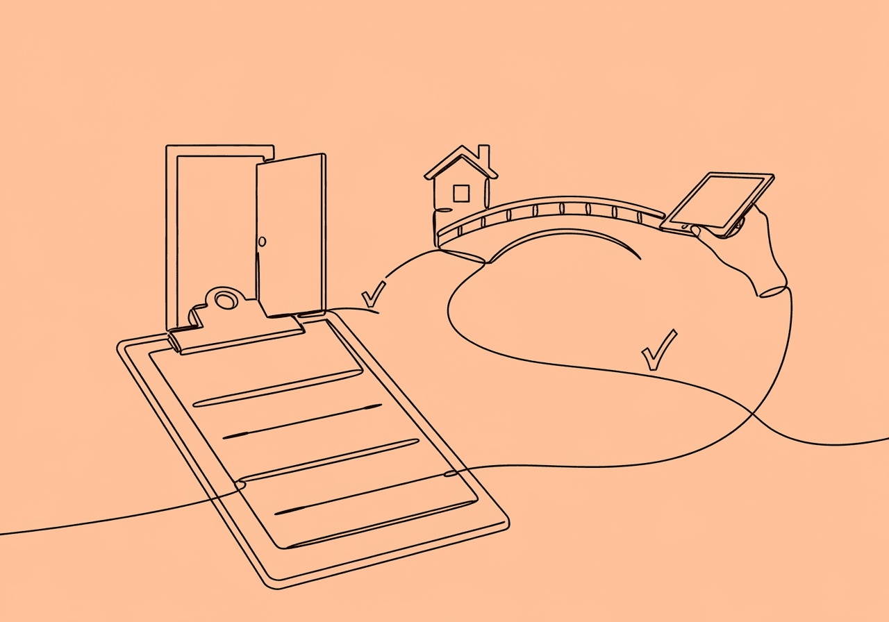 ABA Telehealth Readiness Checklist for BCBAs Line art illustration for 'telehealth readiness checklist ABA' blog: a clipboard connects by a flowing line path to a house, with a hand holding a tablet along the route, symbolizing ABA telehealth preparation steps and compliance.