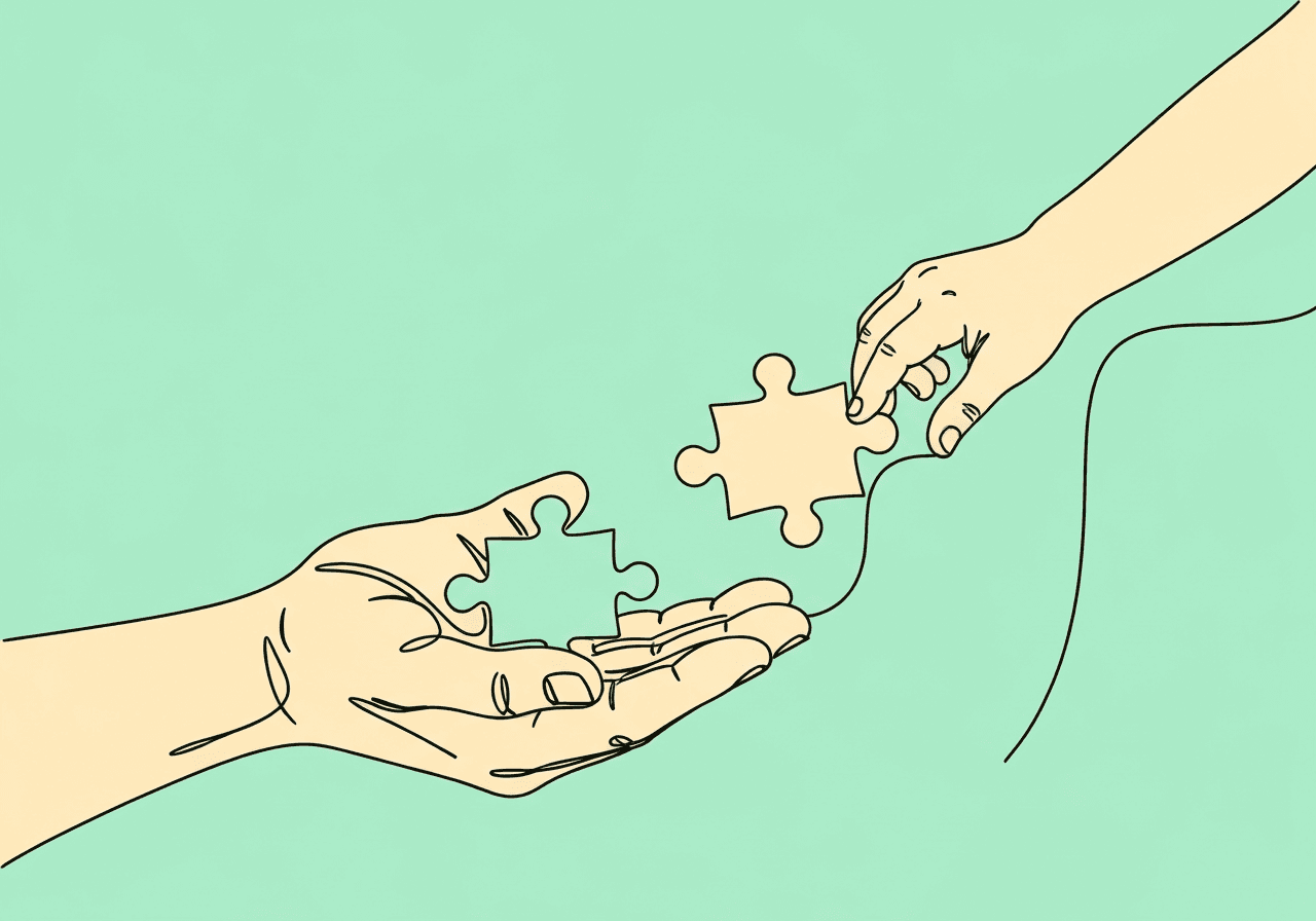 ABA Treatment Fidelity for Parents: Essential Guide Minimalist line art illustration for 'ABA treatment fidelity for parents' showing an adult and child hand fitting puzzle pieces together, symbolizing parent-therapist partnership and consistency in ABA therapy for children at home.