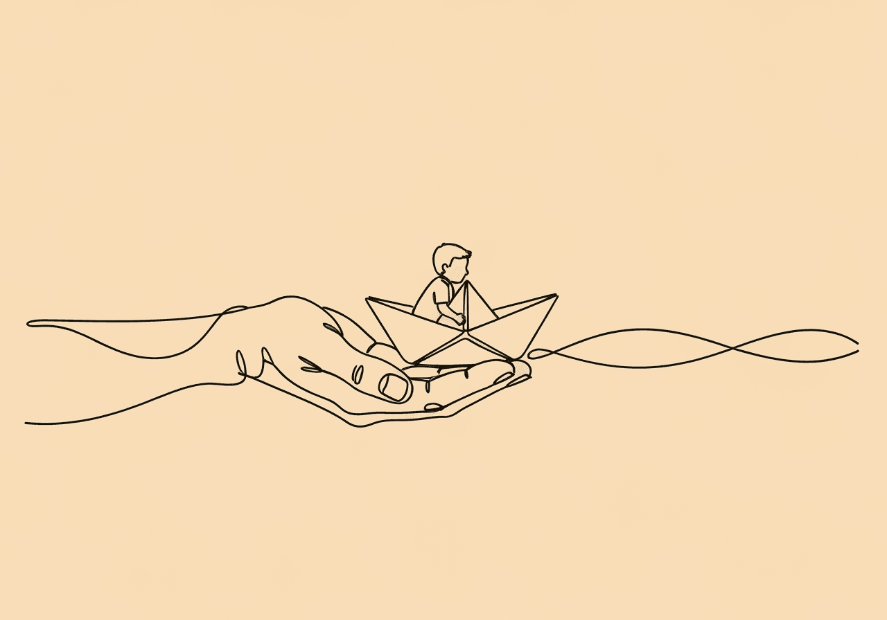 ABA Treatment Plan for Parents: Essential Guide Minimalist line art illustration on a pastel sand background shows a parent's hand supporting a paper boat with a child, visually symbolizing the ABA treatment plan for parents as gentle guidance and progress on a journey.