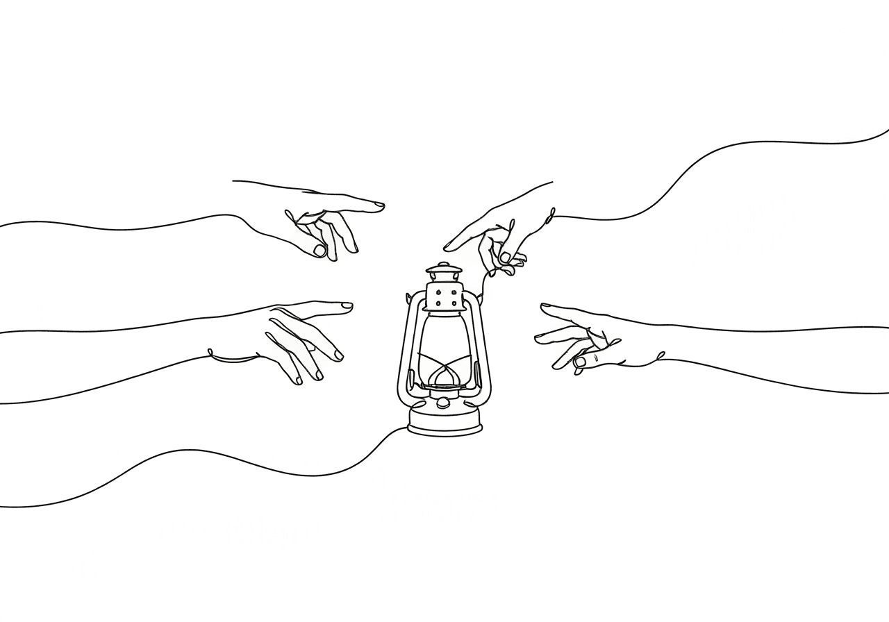 ABA Verbal Operants Definitions: Mand, Tact & More Minimalist line art showing four hands reaching toward a central lantern, capturing the core concepts of ABA verbal operants definitions through symbolic gestures and interaction.