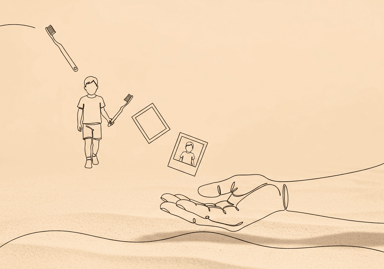 ABA Visual Schedules for Parents: Home Guide Minimalist line art shows a parent’s hand releasing a sequence of objects and a child, visually representing ABA visual schedules for parents to build predictable home routines for autistic children.