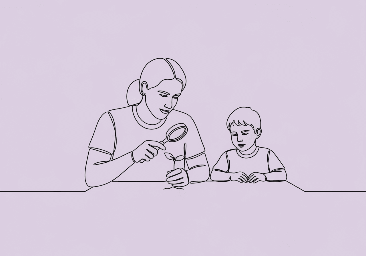 ABC Data for Parents: Unlock Behavior Functions at Home Minimalist line art of a parent and child examining a sprouting plant with a magnifying glass, illustrating ABC data for parents as a process of collaborative discovery at home.