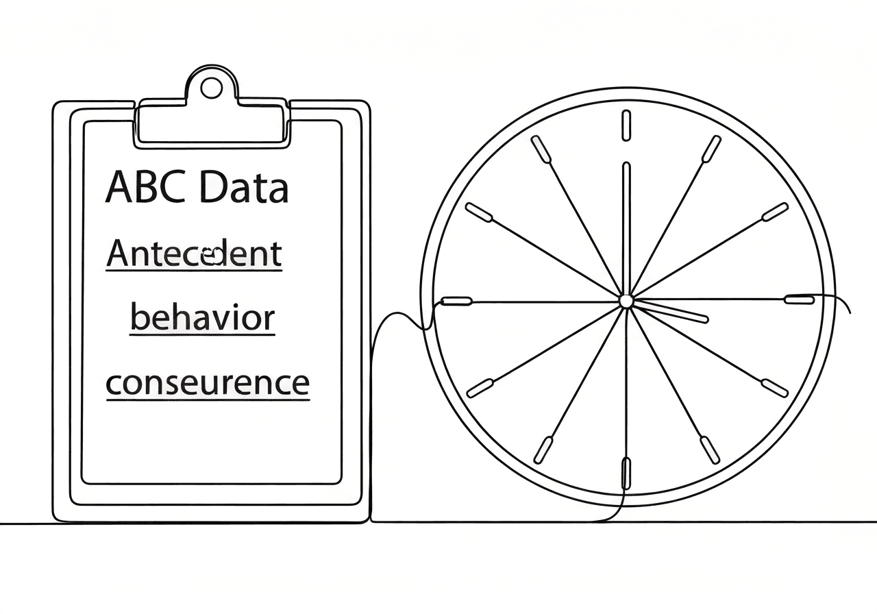ABC Data vs Scatterplot Analysis: FBA Guide for BCBAs Minimalist line art featuring a clipboard and a clock face interconnected, illustrating the comparison between ABC data and scatterplot analysis in behavioral assessment. Emphasizes how each method uniquely captures behavioral patterns for BCBAs.