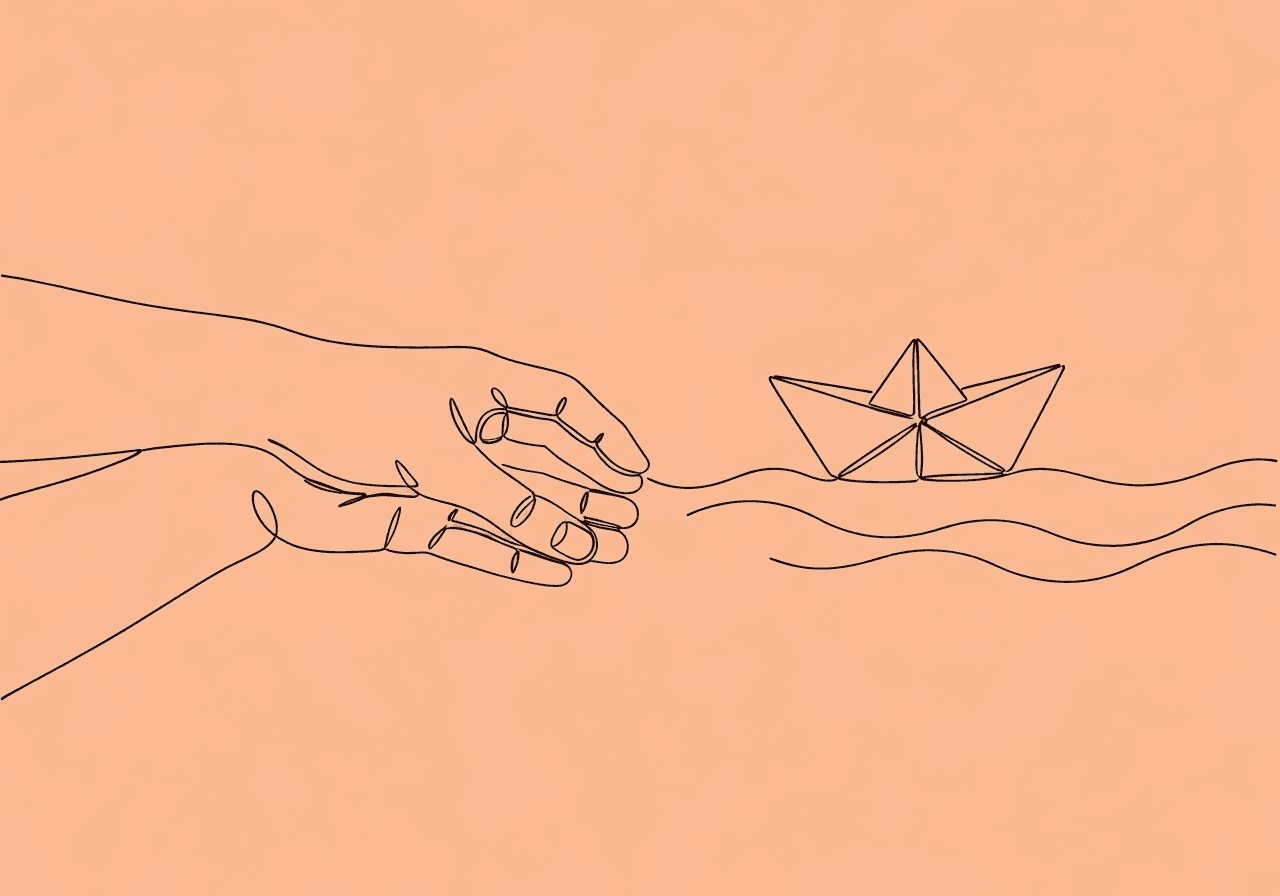 Accidental Prompting in ABA: Parents' Guide to Independence Minimalist line art shows a parent’s hand releasing a paper boat, symbolizing accidental prompting for parents ABA and the journey toward fostering independence at home.