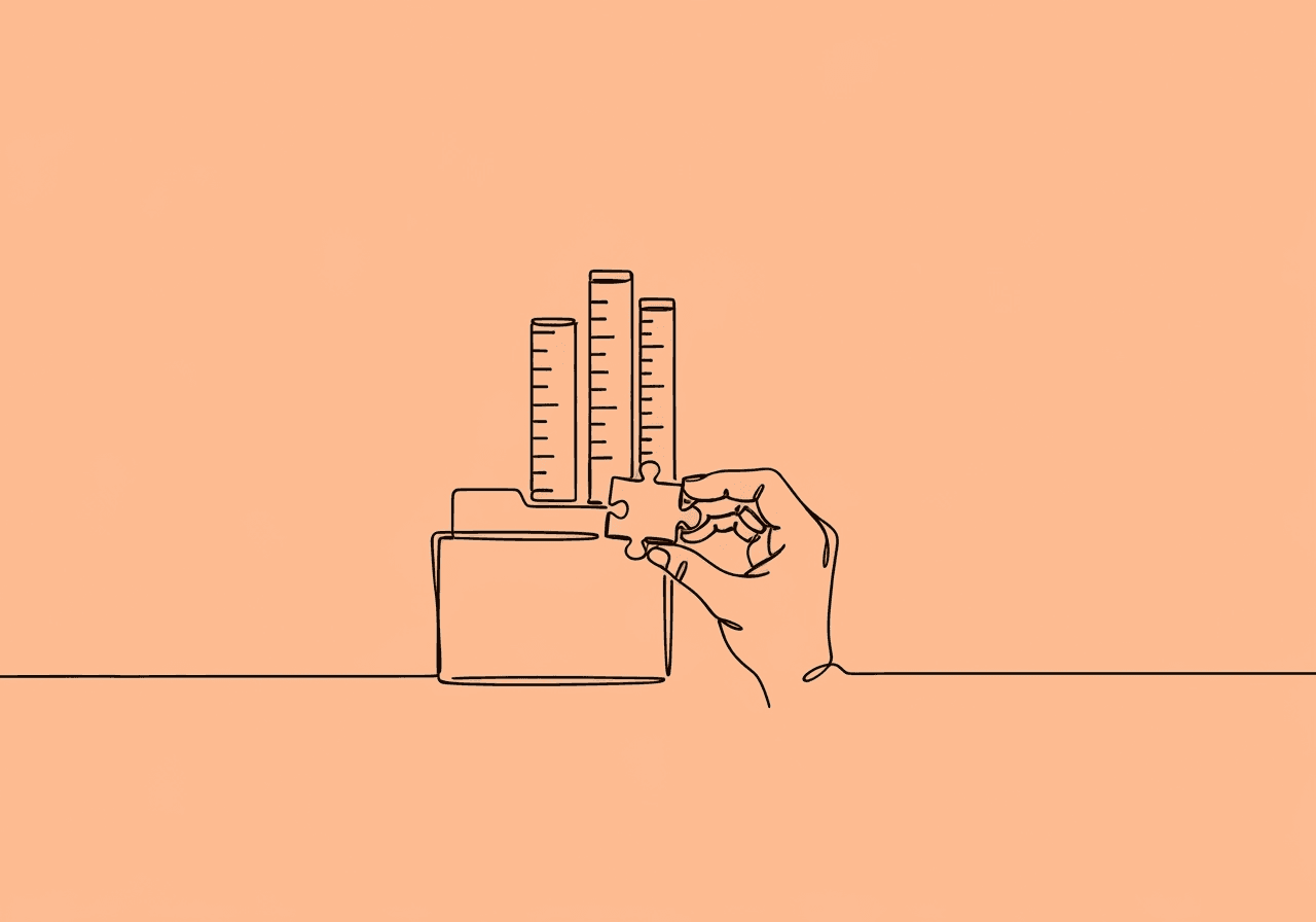Advanced ABA Documentation Terms: BCBA Glossary Minimalist line art of a hand placing a puzzle piece into a file folder, surrounded by measuring sticks—illustrating advanced ABA documentation terms and the importance of precise compliance in BCBA and RBT practices.