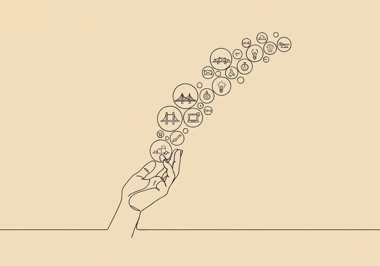 Advanced ABA Generalization Terms: BCBA Glossary Minimalist line drawing for advanced ABA generalization terms, featuring a hand releasing bubbles with objects like a bridge and compass inside—symbolizing diverse methods in BCBA practice and concept generalization.