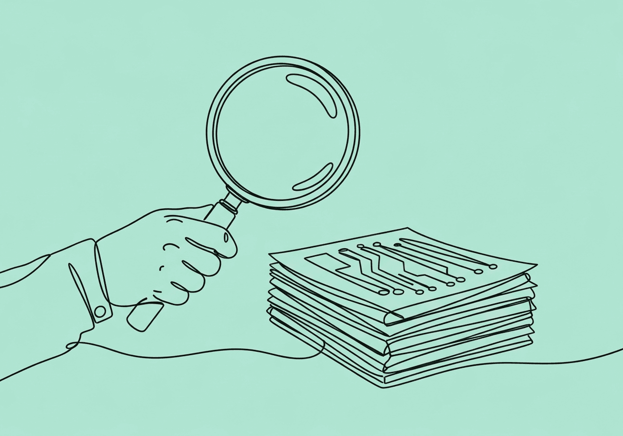 AI ABA Documentation Ethics: BCBA Checklist Minimalist line art of a hand using a magnifying glass to examine technology-infused ABA documentation papers, representing AI ABA documentation ethics with visual emphasis on careful oversight and ethical review.