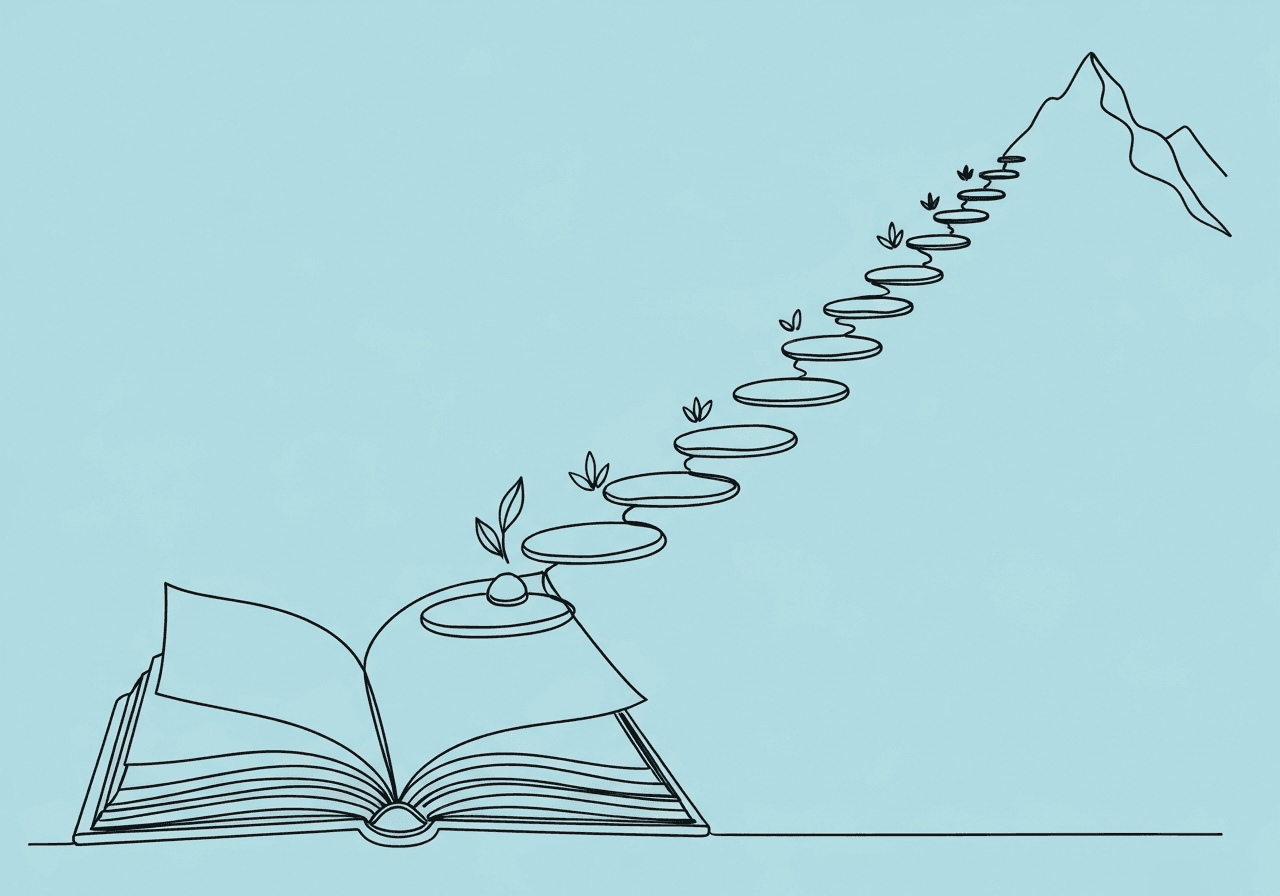 Annual Goals vs. Short-Term Objectives ABA: BCBA Guide Minimalist line art of an open book transforming into a stone pathway leading to a distant mountain, metaphorically illustrating Annual Goals vs. Short-Term Objectives ABA through sequential progression and goal hierarchy.
