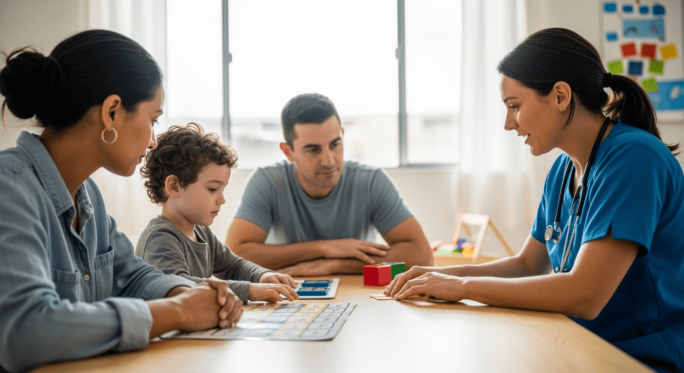 Autism Aggression Family Guide: Working with ABA Teams A candid photograph showing a diverse family (a woman, a man, and an autistic child) calmly interacting with an ABA therapist in a bright home setting, with visual schedules subtly in the background, conveying support and collaboration.